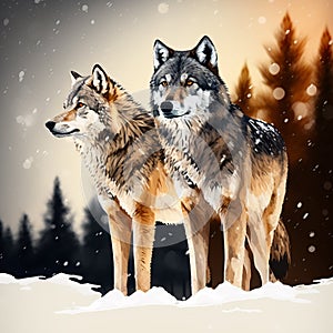 Wolf Couple on The snow Background. wolves male and female walking together