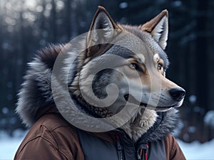 Wolf in a Cozy Winter Jacket. AI generated