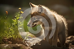 Wolf cub in nature on summer forest background. Closeup animal portrait. Ai generated