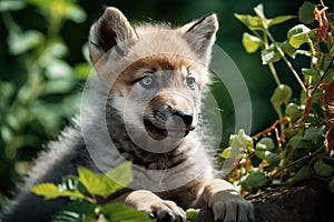 Wolf cub in nature on summer forest background. Closeup animal portrait. Ai generated