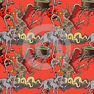 Wolf and dangerous forest seamless pattern