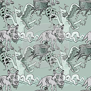 Wolf and dangerous forest seamless pattern