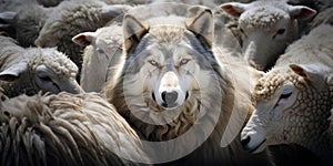Wolf In Disguise In Flock Of Sheep. Lone Wolf Hidden In Crowd Of Unaware Sheep. Generative AI