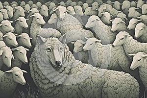 Wolf disguised as a sheep hiding in a flock of sheep. Wolf pretending to be a sheep. Hiding true identity for malicious reasons