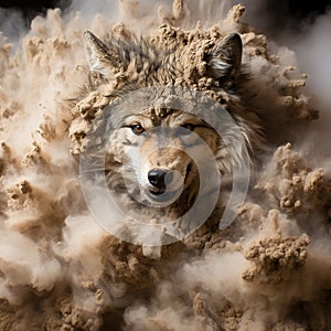 Photo of snarling wolf appearing out of a sand storm