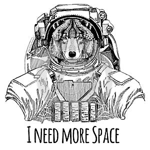 Wolf Dog Astronaut. Space suit. Hand drawn image of lion for tattoo, t-shirt, emblem, badge, logo patch kindergarten