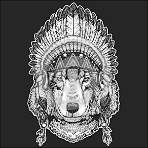 Wolf Dog Cool animal wearing native american indian headdress with feathers Boho chic style Hand drawn image for tattoo