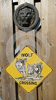 Wolf dog crossing plate and above a lion doorknocker