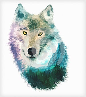 Wolf double exposure illustration