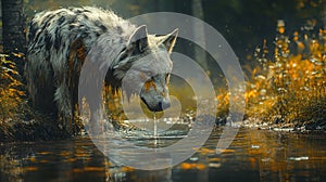 Wolf drinks water in forest stream
