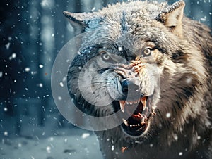 Wolf eating and hunting on the snow