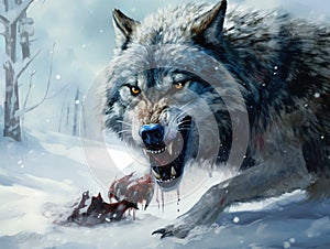 Wolf eating and hunting on the snow