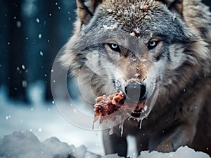 Wolf eating and hunting on the snow