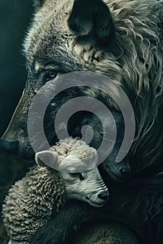 Wolf Embracing Sheep in the Darkness. Generative AI.