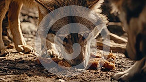 A wolf enjoying its meal on the ground