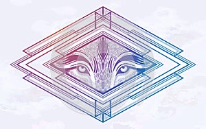 Wolf eyes in geometric setting.Dreamy magic art. Night, nature, wicca symbol. Isolated vector illustration. Great