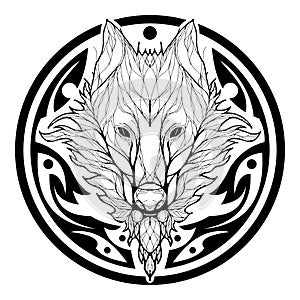 Wolf face double exposure with tree in Aztec tribal circle shape tattoo black silhouette