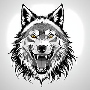 Wolf Fenrir's head, sticker or tatoo design, black on white background. AI generated image