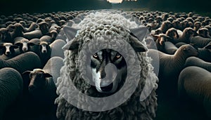 A wolf with fierce amber eyes sparkling through a hole in the sheep's wool.