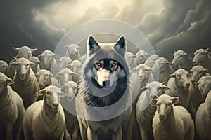 A wolf with fiery eyes stands out against a multitude of sheep, a metaphor of a wolf in sheep\'s clothing