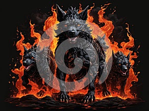 Wolf in fire, hellhound dogs, ai generated