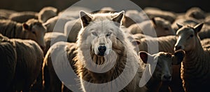 Wolf in a flock of sheep with wool clothing. Wolf pretending to be a sheep concept
