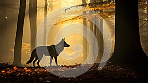 Wolf in a foggy forest at sunrise