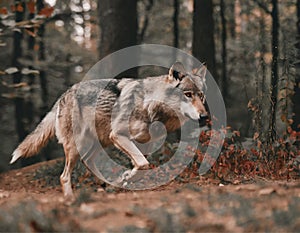 Wolf in the forest, motion photo, blurry background, wildlife, hunting