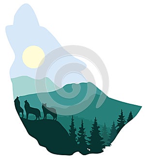 Wolf forest sillhouette abstract background.