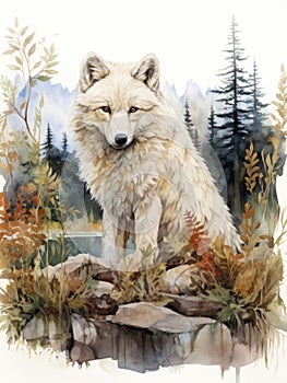 Wolf in the forest watercolor painting.