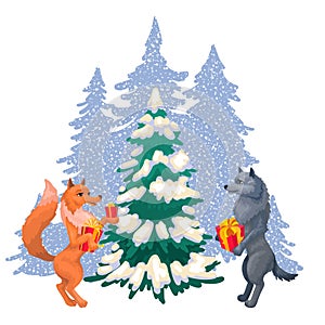 Wolf and fox. Animals give gifts, a tree and snow in forest. Christmas print design postcard, decor for the new year