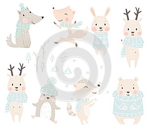 Wolf, fox, bunny, bear, raccoon, reindeer, penguin baby winter set. Cute christmas animal in warm sweater, scarf.