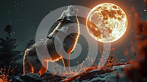 Wolf in front of full moon background Alpha on the mountain top in moon light AI generated