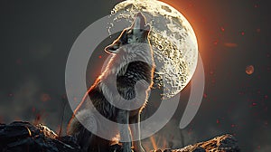 Wolf in front of full moon background on the mountain top in midnight AI generated