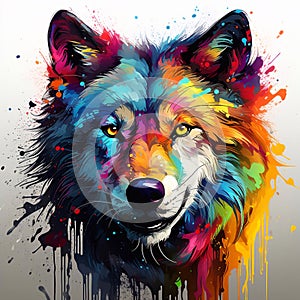 Wolf head with colorful paint splashes on white background. Generative AI