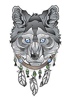 Wolf head with dream catcher