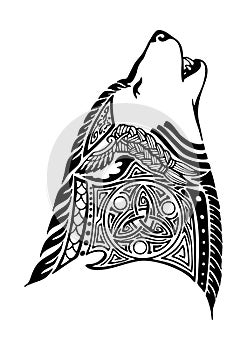 Wolf  head  Howling design for Viking Celtic illustration motive tattoo