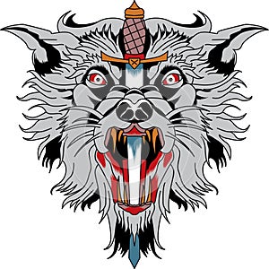 Wolf head with knife, vector tattoo