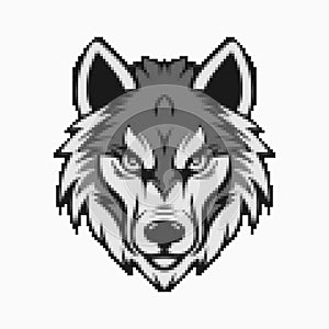 Wolf head mascot logo. Pixel art emblem. Black and white vector illustration