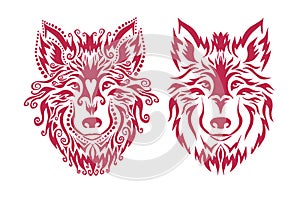 Wolf head from patterns. Color of 2023. Viva Magenta . 18-1750. Vector illustration