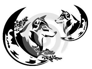 Wolf head with pine tree branches and crescent moon black vector outline