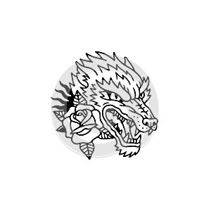 WOLF HEAD WITH ROSE FLOWER BLACK WHITE