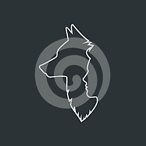 Wolf head silhouette and human face silhouette