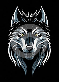 Wolf head white logo isolated on black background, wolf artictic design