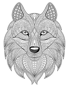 Wolf head in zentangle style. Adult antistress coloring page