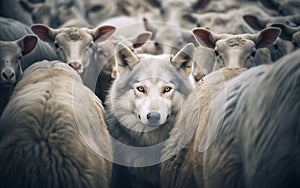 A wolf hiding amongst a flock of sheep