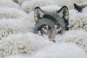 Wolf is hiding among a flock of sheep, creating a powerful image of danger and deception