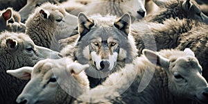 A wolf hiding among a flock of sheep, leading the way or waiting for the right moment to act