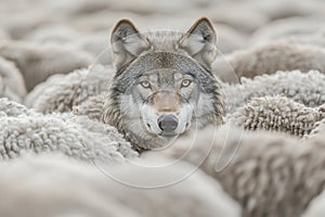 Wolf hiding among sheep, blending in with the flock, a metaphor for danger and deception