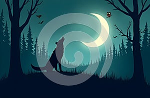 Wolf Howling at Crescent Moon in Enchanted Forest